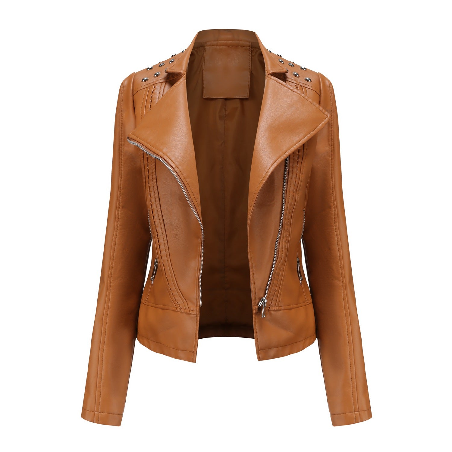 Beaded Leather Women's Long-sleeved Fashion Jacket Lapel Motorcycle Clothing Thin Women's Jacket Clarke Vibe Store