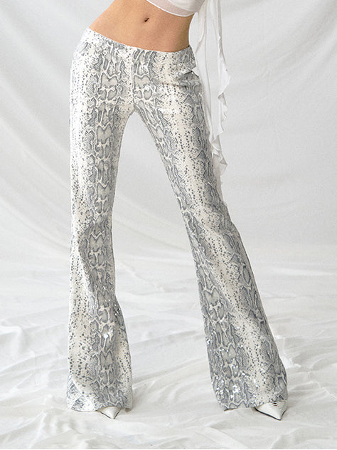 Low Rise Snake Print Sequin Slim Fit Flared Pants Clarke Vibe Store