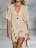 Short-Sleeve V-Neck Cotton-Linen Loose Dress Clarke Vibe Store