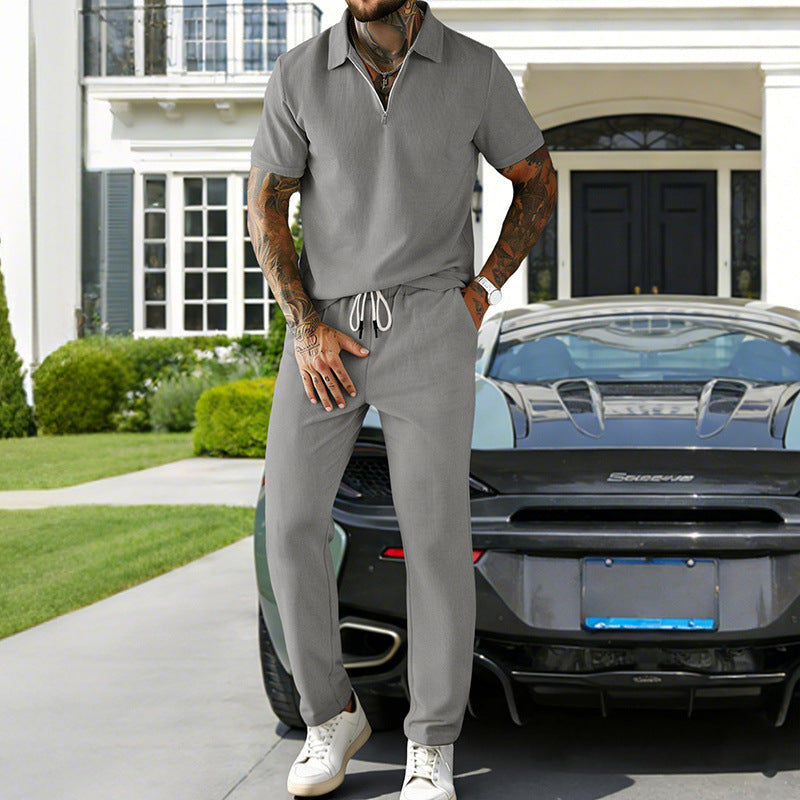 Mens Casual Corduroy Short-Sleeve Polo And Pants Set Siqur Salute
