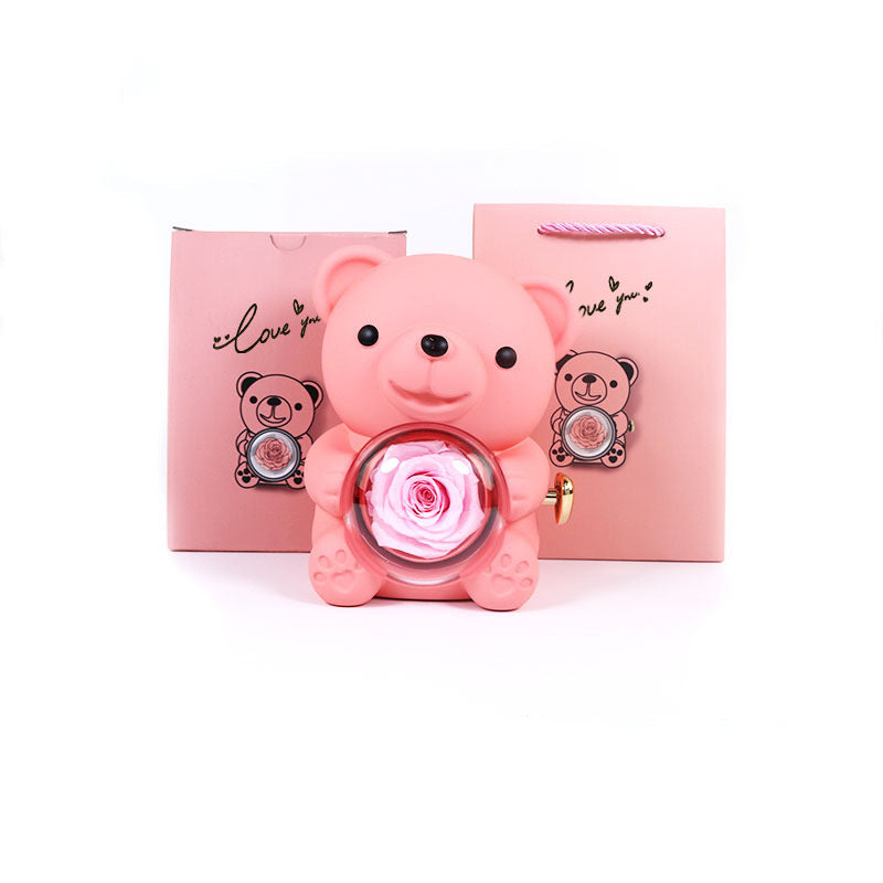 Eternal Rose Teddy Bear Gifts Box With Necklace Rotate Rose Jewelry Box Valentine Wedding Storage Gift Case For Women Girlfriend Clarke Vibe Store