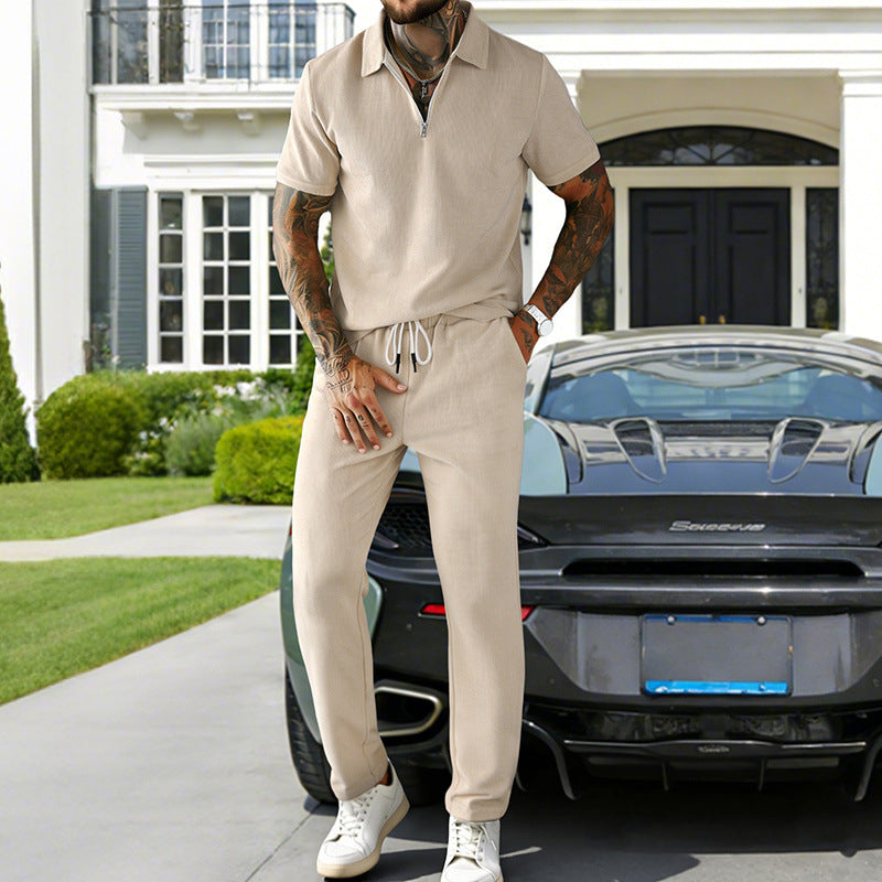 Mens Casual Corduroy Short-Sleeve Polo And Pants Set Siqur Salute