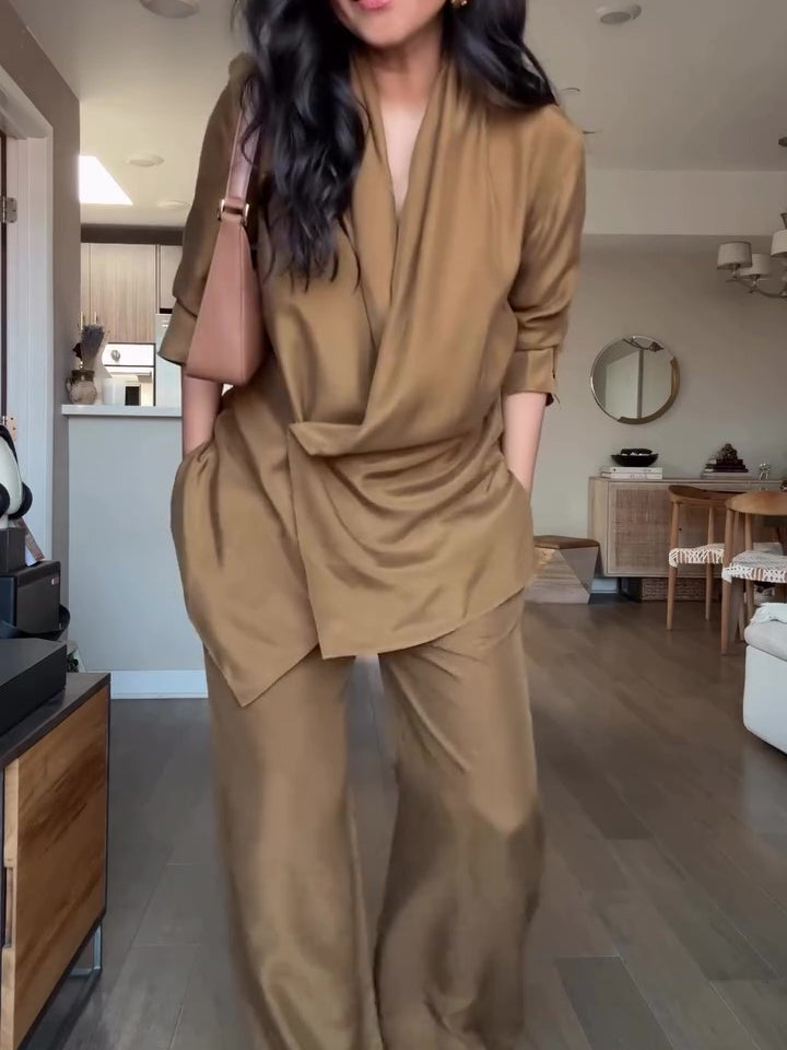 Wrap-style Satin Blouse And Wide-leg Pants Set Clarke Vibe Store