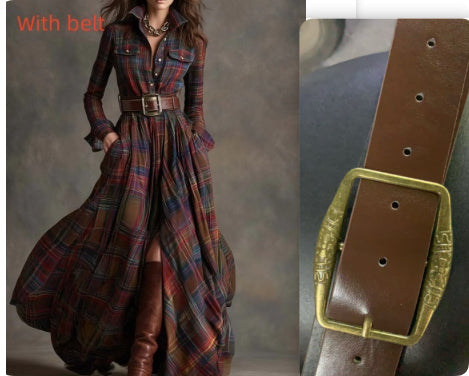 Ins Plaid Print Long-Sleeved Dress Fashion Pockets Collared Buttons Shirt Long Dresses Retro Women's Clothing Siqur Salute