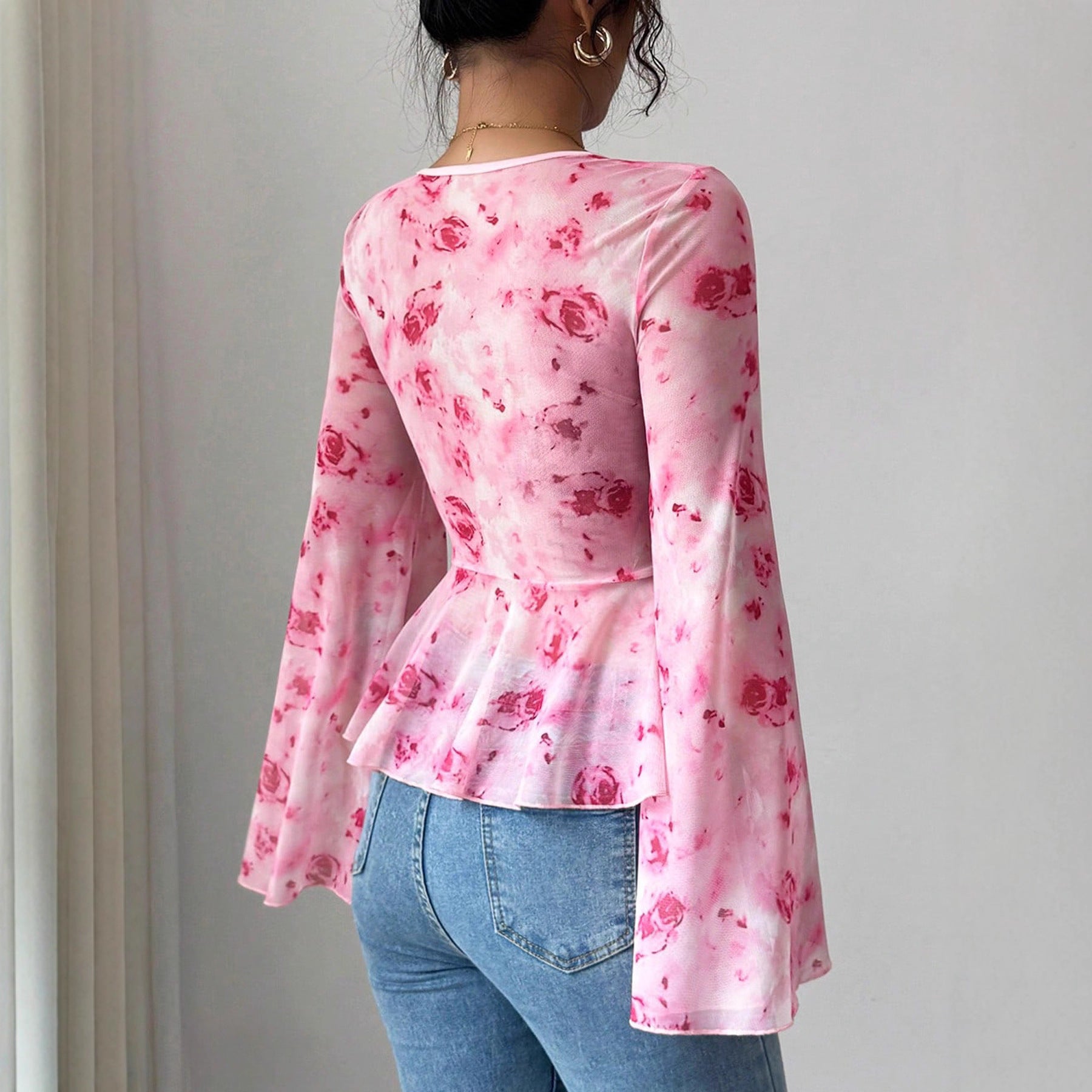 Womens Mesh Red Rose Print V-Neck Top Siqur Salute