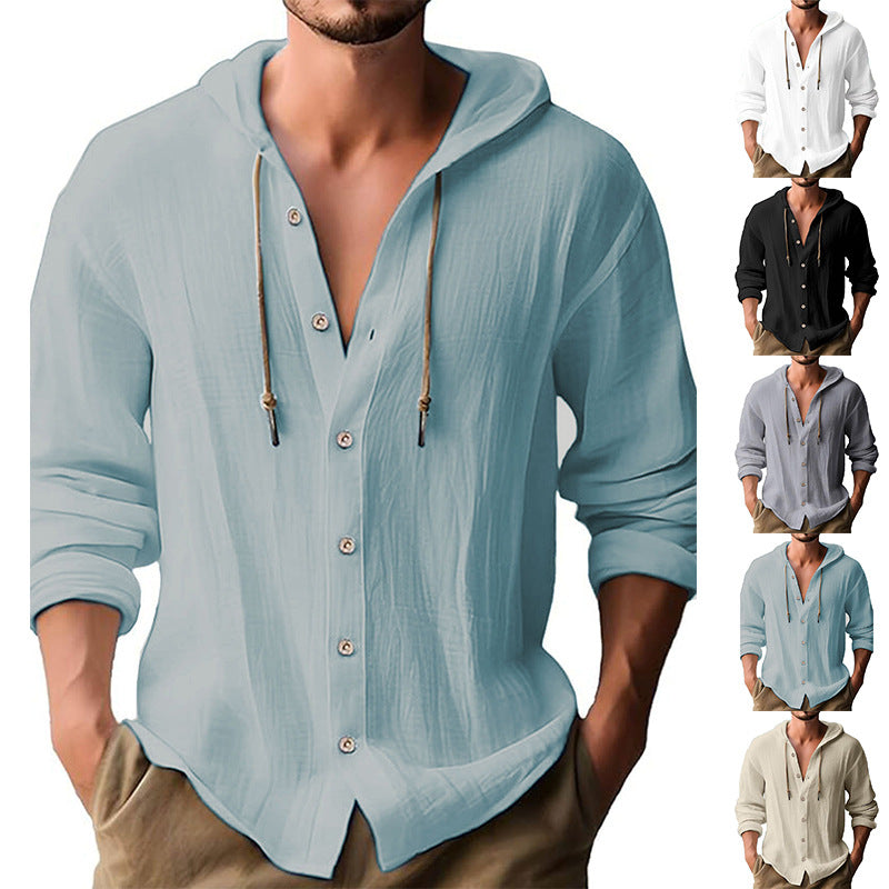 Cotton And Linen Shirt Hooded Sweater Button Long Sleeve Clarke Vibe Store