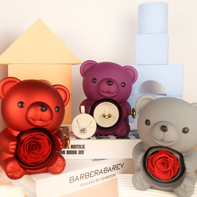 Eternal Rose Teddy Bear Gifts Box With Necklace Rotate Rose Jewelry Box Valentine Wedding Storage Gift Case For Women Girlfriend Clarke Vibe Store