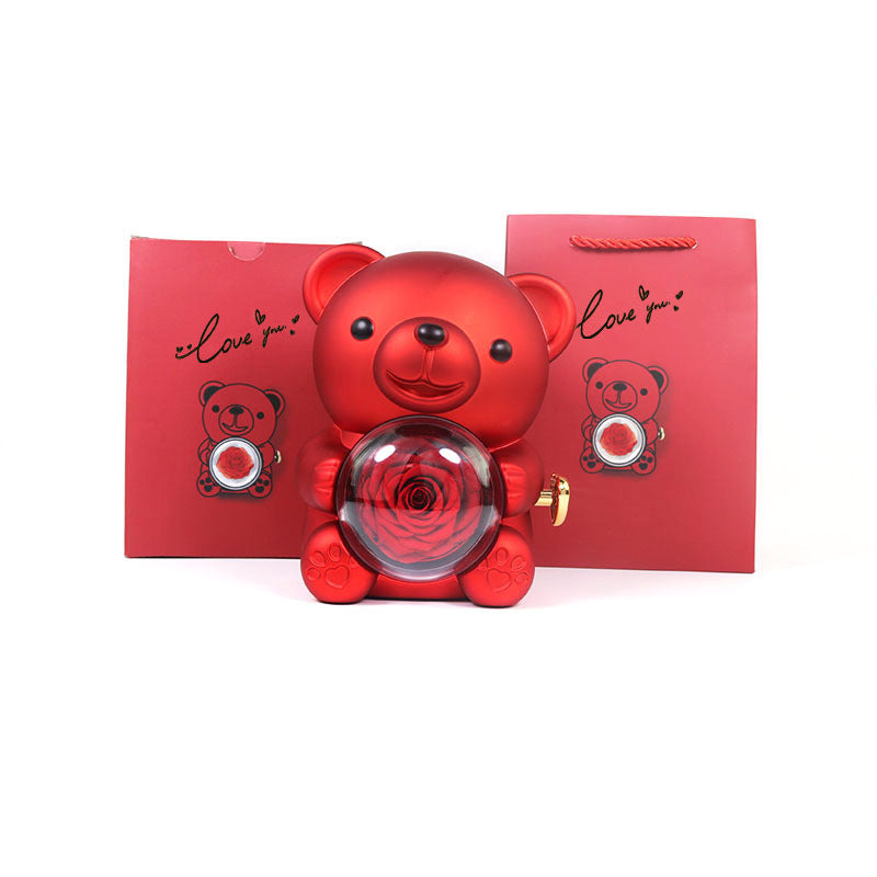 Eternal Rose Teddy Bear Gifts Box With Necklace Rotate Rose Jewelry Box Valentine Wedding Storage Gift Case For Women Girlfriend Clarke Vibe Store