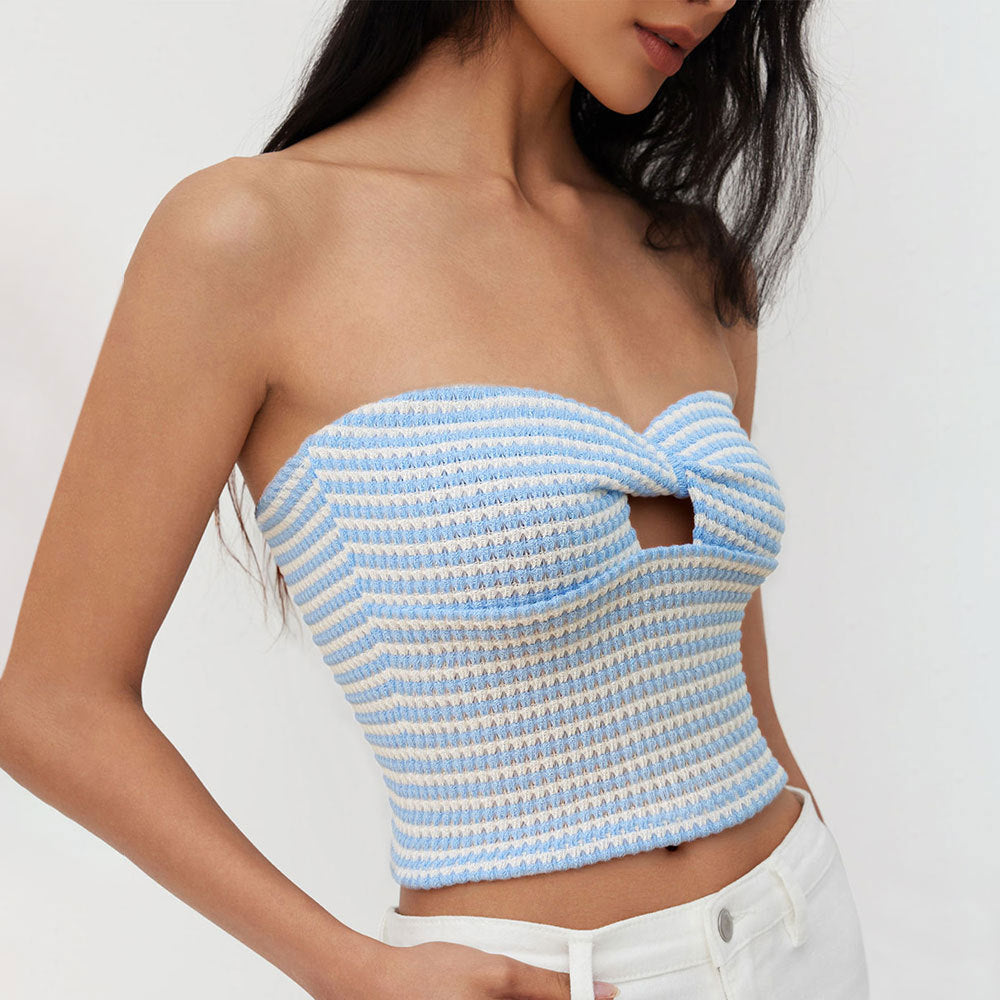 Womens Knot-Detail Hollowed-Out Tube Top With Striped Color-Block Design Clarke Vibe Store