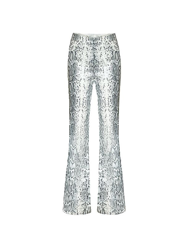 Low Rise Snake Print Sequin Slim Fit Flared Pants Clarke Vibe Store