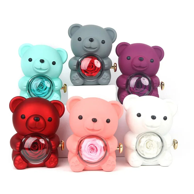 Eternal Rose Teddy Bear Gifts Box With Necklace Rotate Rose Jewelry Box Valentine Wedding Storage Gift Case For Women Girlfriend Clarke Vibe Store