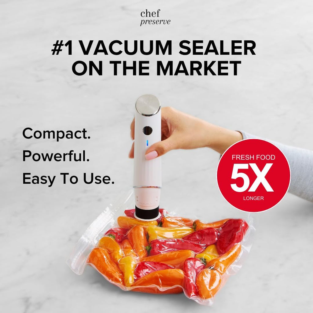 Chef Preserve Compact Vacuum Sealer for Food (Vacuum Sealer Machine + 30 Reusable Vacuum Bags) Powerful Handheld Vacuum Sealer Machine, Seal Meal Saver, Portable Food Sealer Clarke's Vibe Store