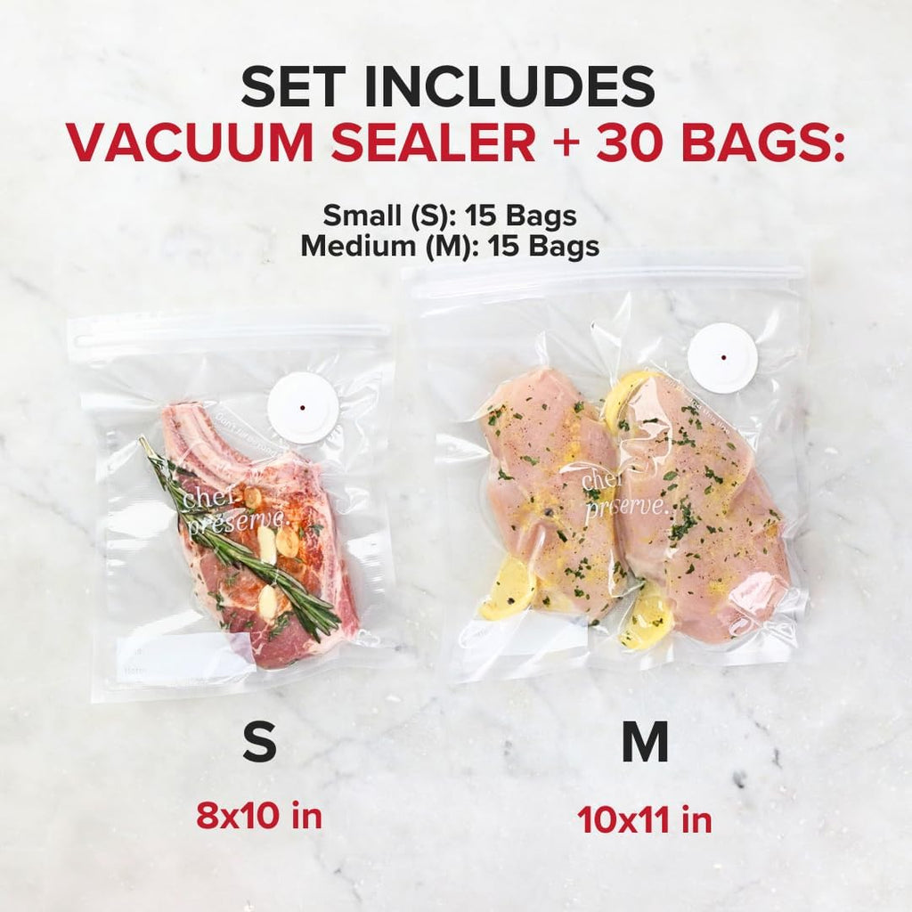 Chef Preserve Compact Vacuum Sealer for Food (Vacuum Sealer Machine + 30 Reusable Vacuum Bags) Powerful Handheld Vacuum Sealer Machine, Seal Meal Saver, Portable Food Sealer Clarke's Vibe Store