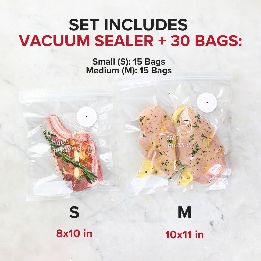 Chef Preserve Compact Vacuum Sealer for Food (Vacuum Sealer Machine + 30 Reusable Vacuum Bags) Powerful Handheld Vacuum Sealer Machine, Seal Meal Saver, Portable Food Sealer Clarke's Vibe Store