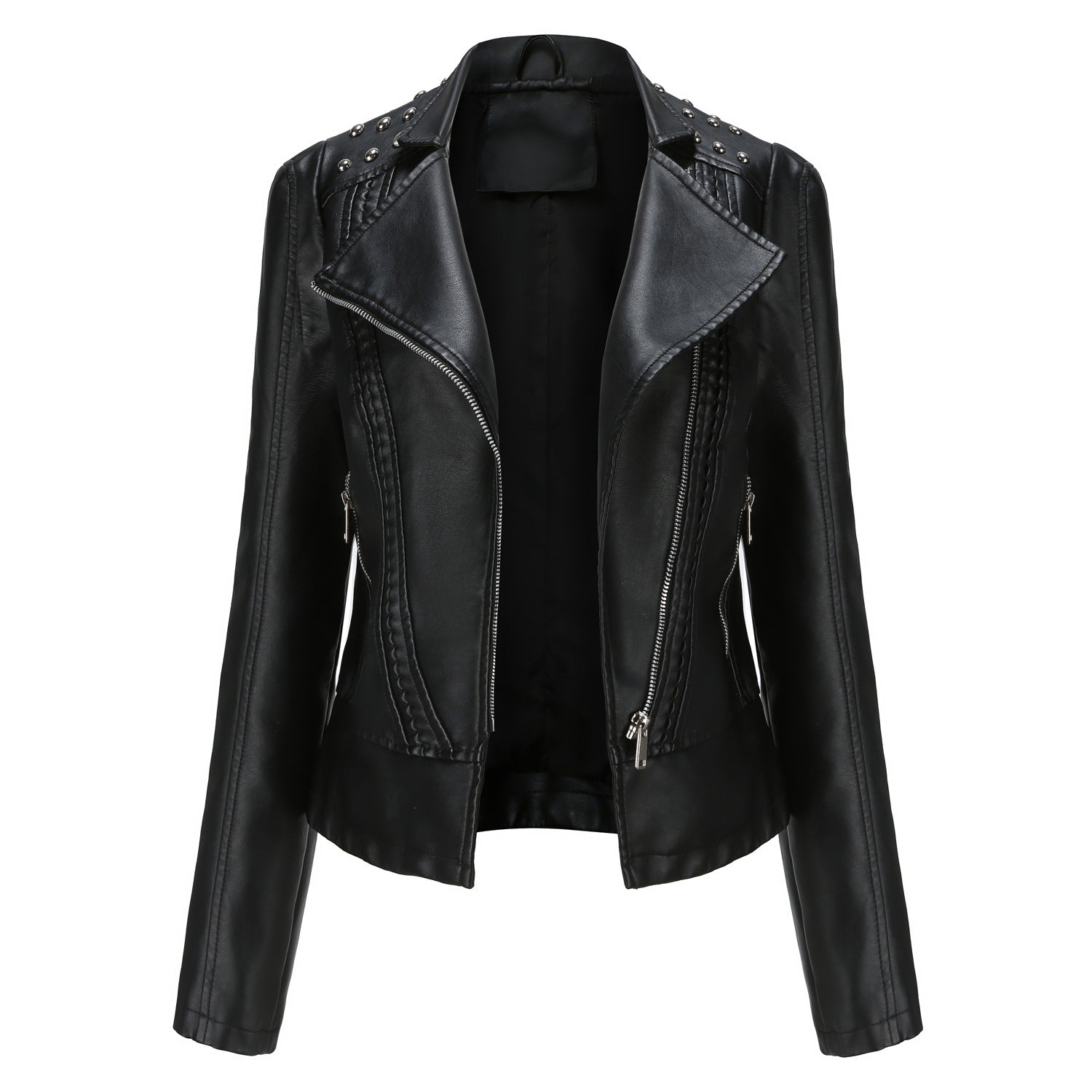 Beaded Leather Women's Long-sleeved Fashion Jacket Lapel Motorcycle Clothing Thin Women's Jacket Clarke Vibe Store