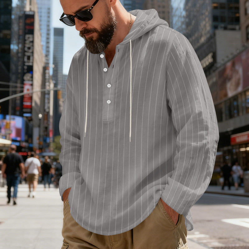 Mens Loose-Fit Plus-Size Casual Linen Striped Hooded Shirt Siqur Salute