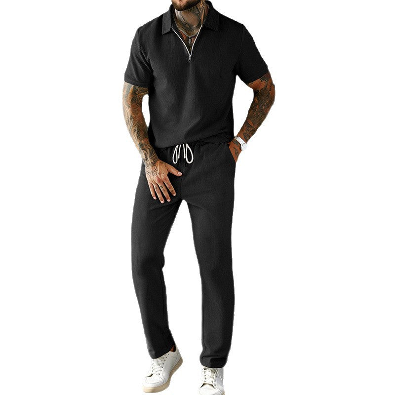 Mens Casual Corduroy Short-Sleeve Polo And Pants Set Siqur Salute