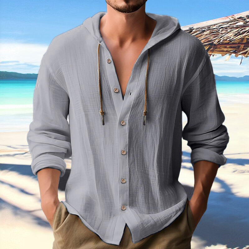 Cotton And Linen Shirt Hooded Sweater Button Long Sleeve Clarke Vibe Store