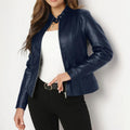 Women's Solid Color Long Sleeve Stand Collar Faux Leather Blazer - Single Button Zippered Jacket For Fall&Winter Clarke Vibe Store