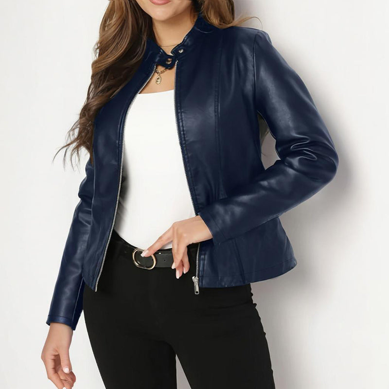 Women's Solid Color Long Sleeve Stand Collar Faux Leather Blazer - Single Button Zippered Jacket For Fall&Winter Clarke Vibe Store