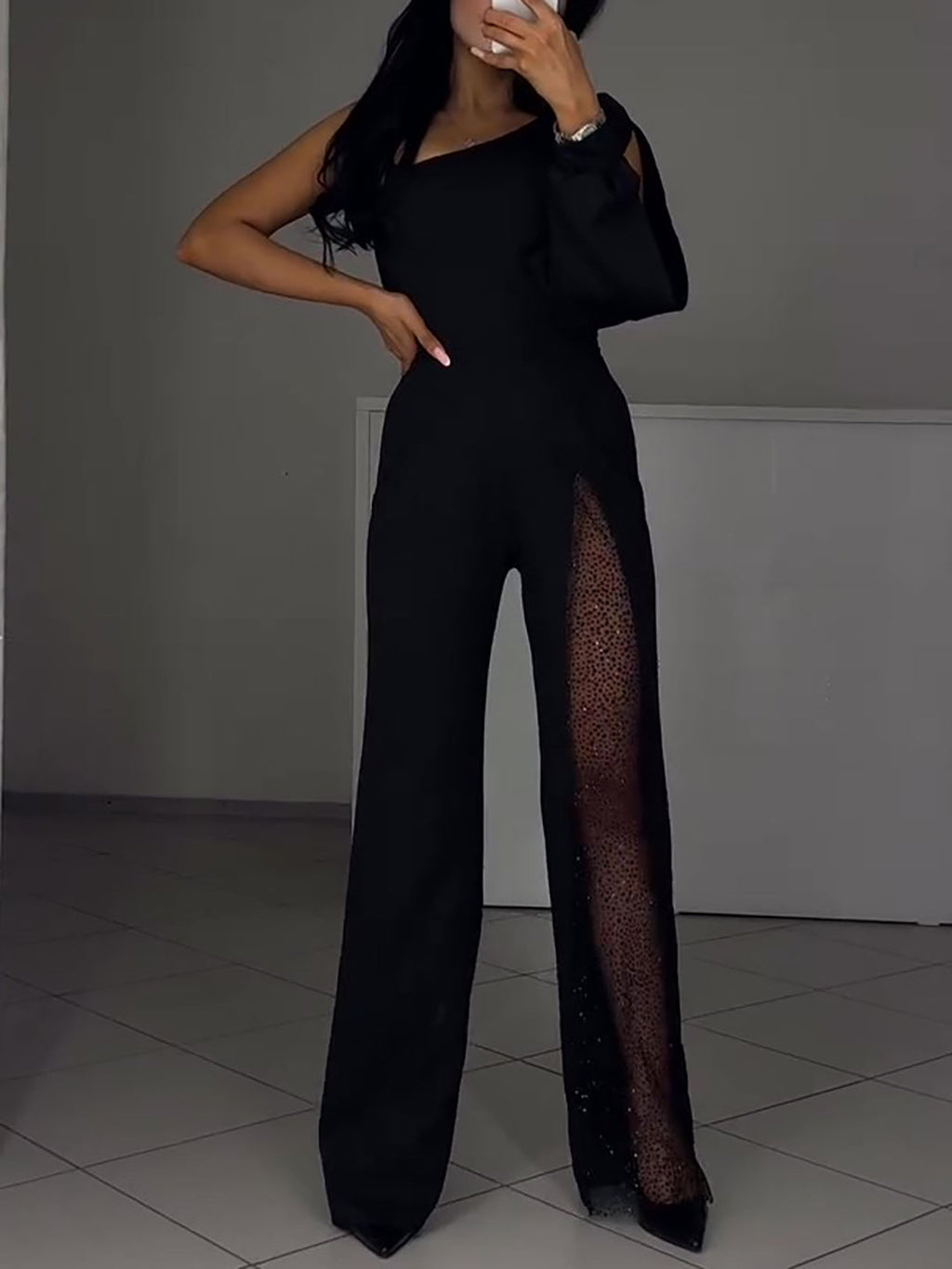 Single Sleeve Patchwork Mesh Jumpsuit Clarke Vibe Store