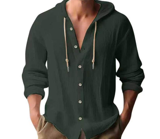 Cotton And Linen Shirt Hooded Sweater Button Long Sleeve Clarke Vibe Store