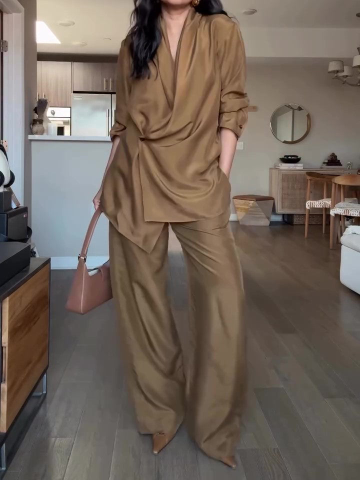 Wrap-style Satin Blouse And Wide-leg Pants Set Clarke Vibe Store