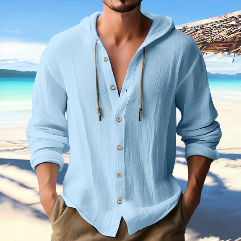 Cotton And Linen Shirt Hooded Sweater Button Long Sleeve Clarke Vibe Store