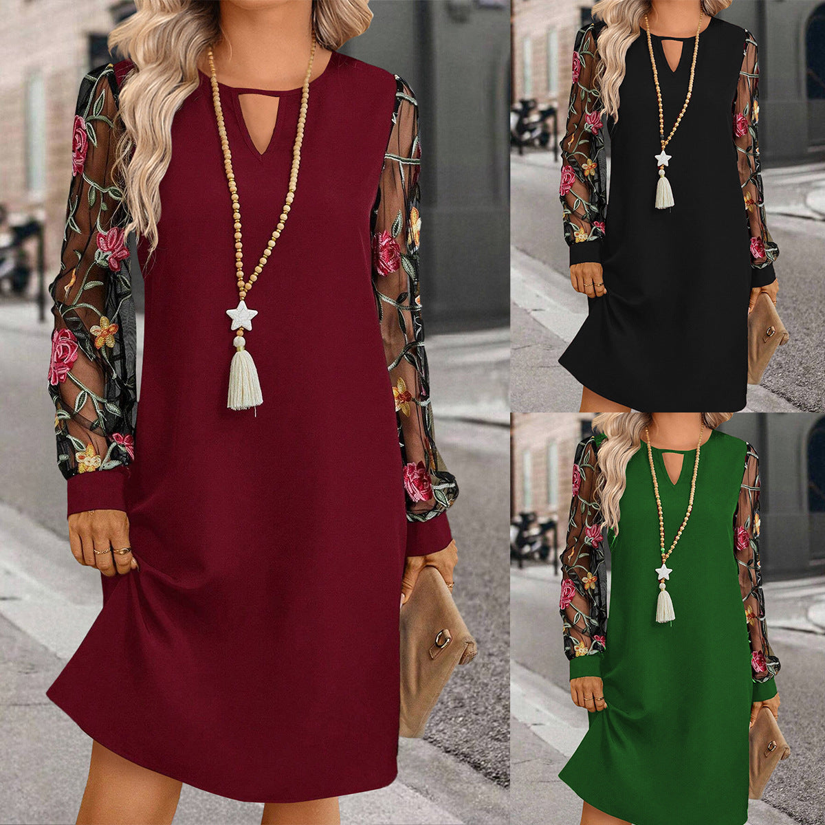 Women's Round Neck Lace Long Sleeve Dress Clarke Vibe Store