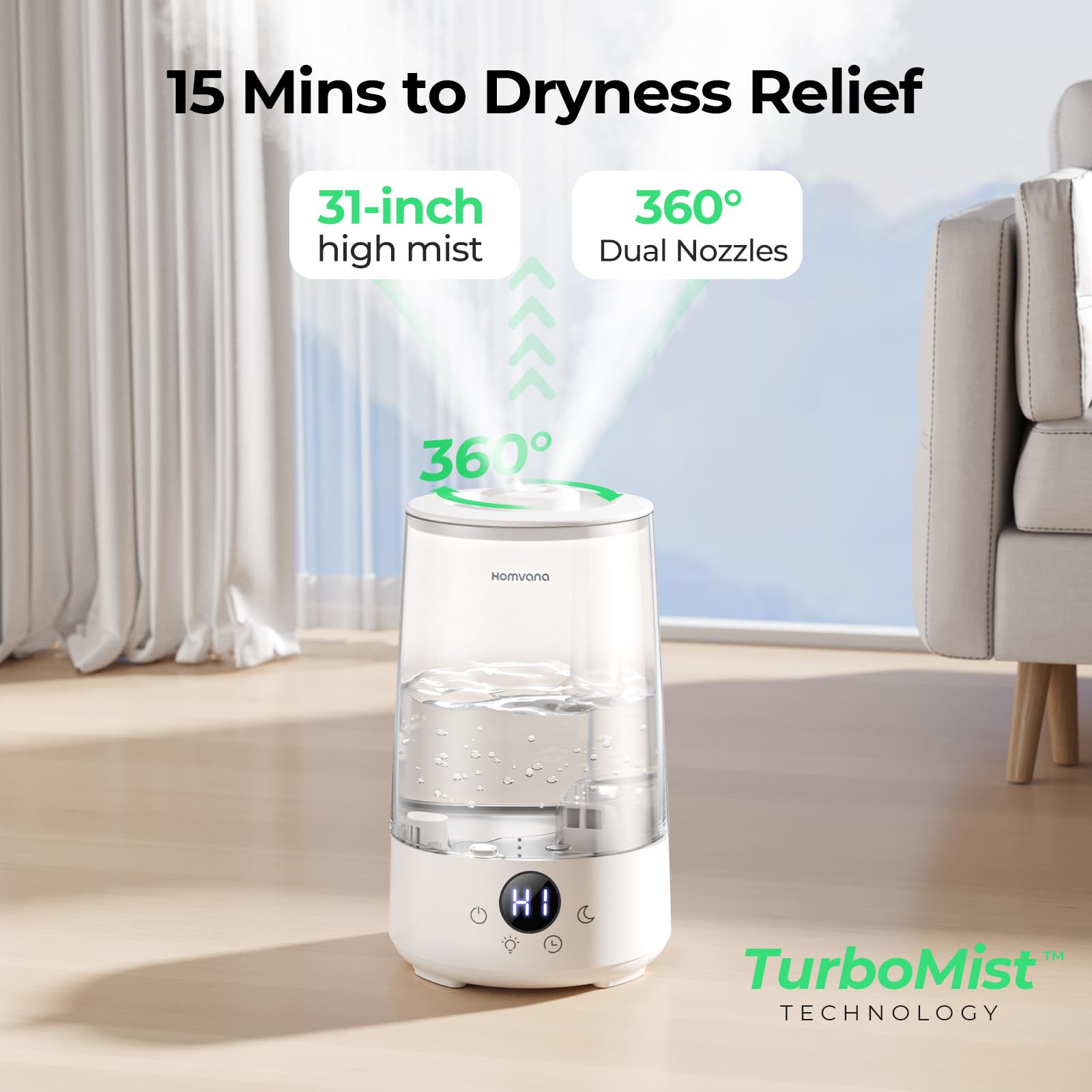 Homvana Humidifiers for Bedroom Home, 3.6 L Cool Mist Top-Fill 34H Super Long Time, Quiet 23dB, Baby Humidifier, Oil Diffuser for Large Room, House, Plant, Nursery, Office, BPA FREE, Ultrasonic (Grey) Clarke's Vibe Store