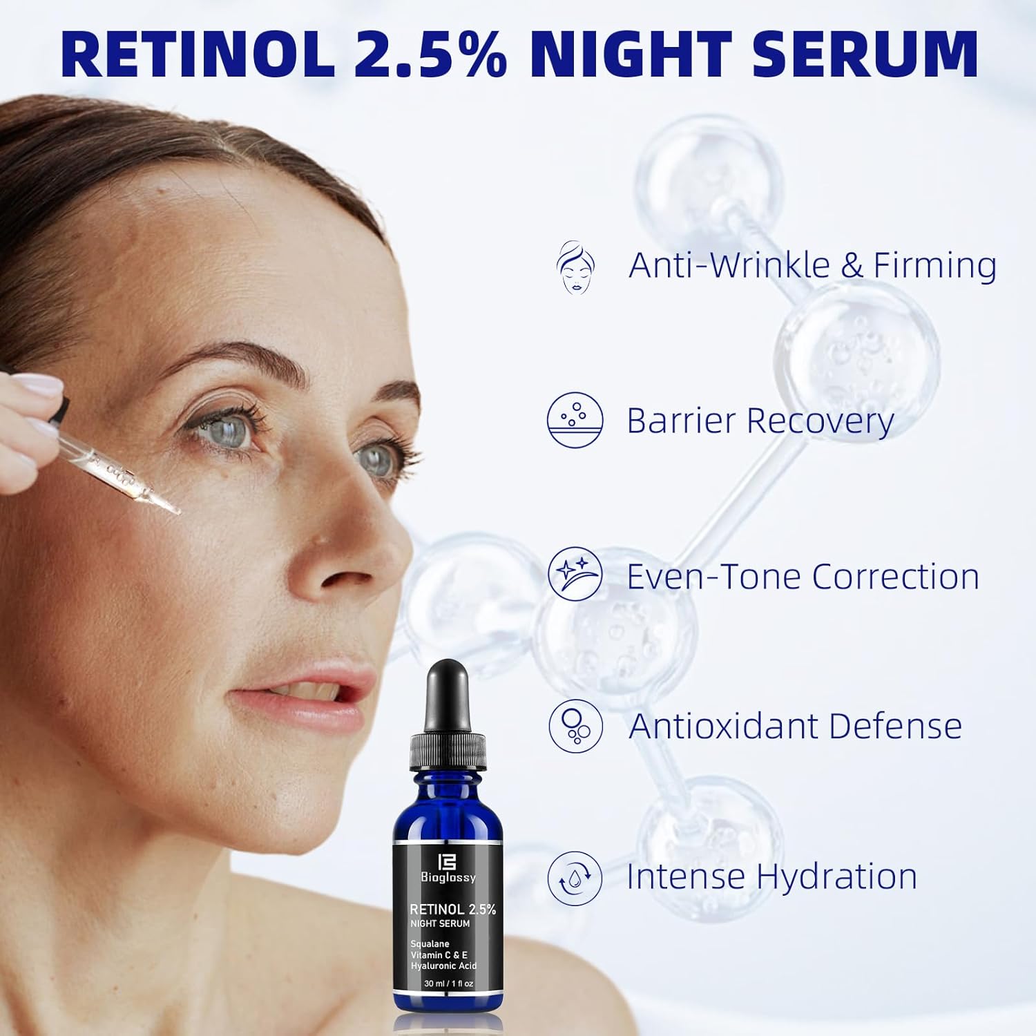 Retinol Serum for Face, 2.5% Retinol Intense Night Serum with Squalane,Vitamin C & E & B3,Hyaluronic Acid for Lines, Wrinkles & Premature Sun Damage to Resurface & Hydrate 30 ml/ 1 Fl oz Clarke's Vibe Store