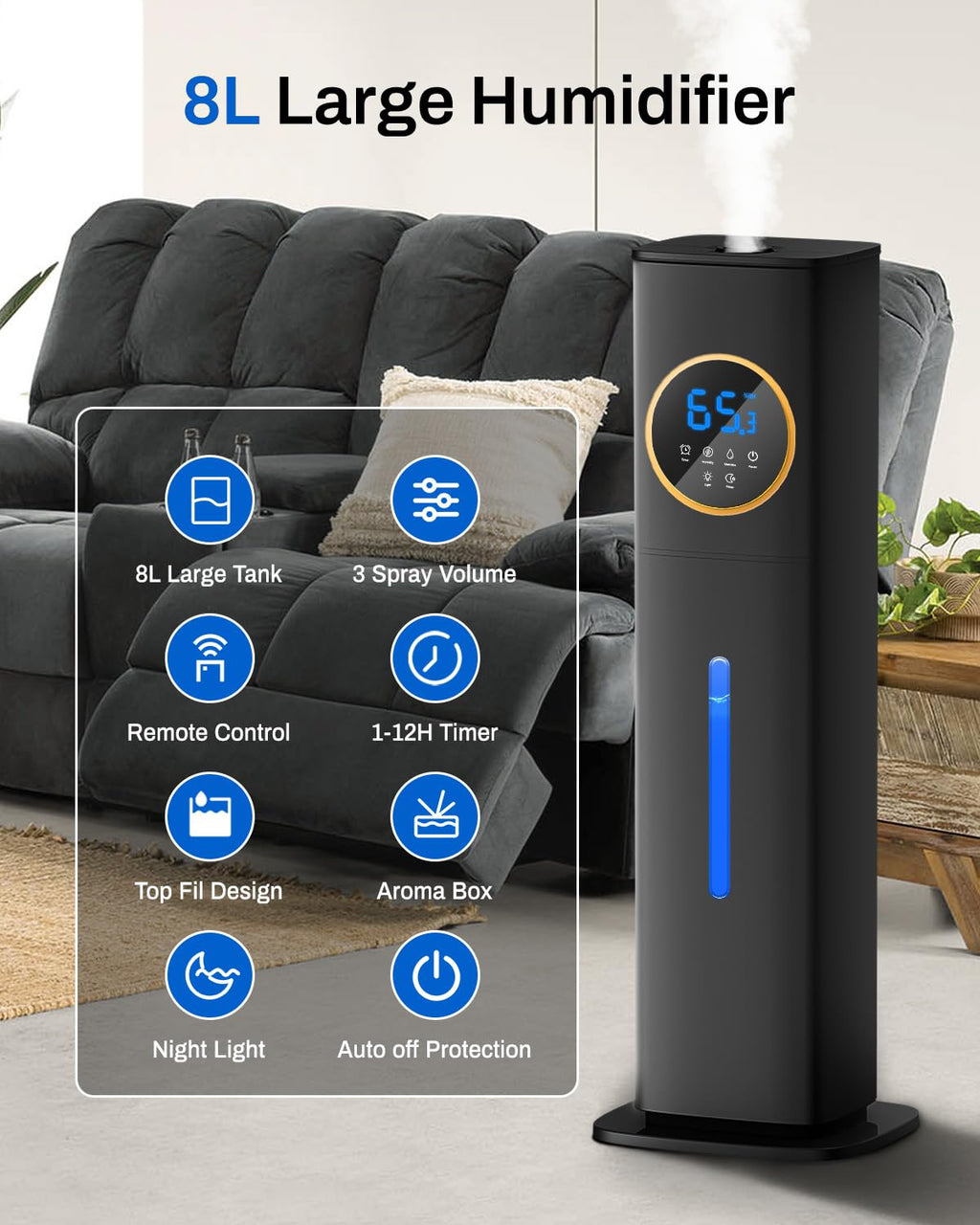 Humidifier Large Room Bedroom with Night Light, 2.1Gal(8L) Humidifiers for Home with Essential Oil Diffuser, Top Fill Whole House Cool Mist Humidifiers for Plants Baby Kids Adults(Black) Clarke's Vibe Store