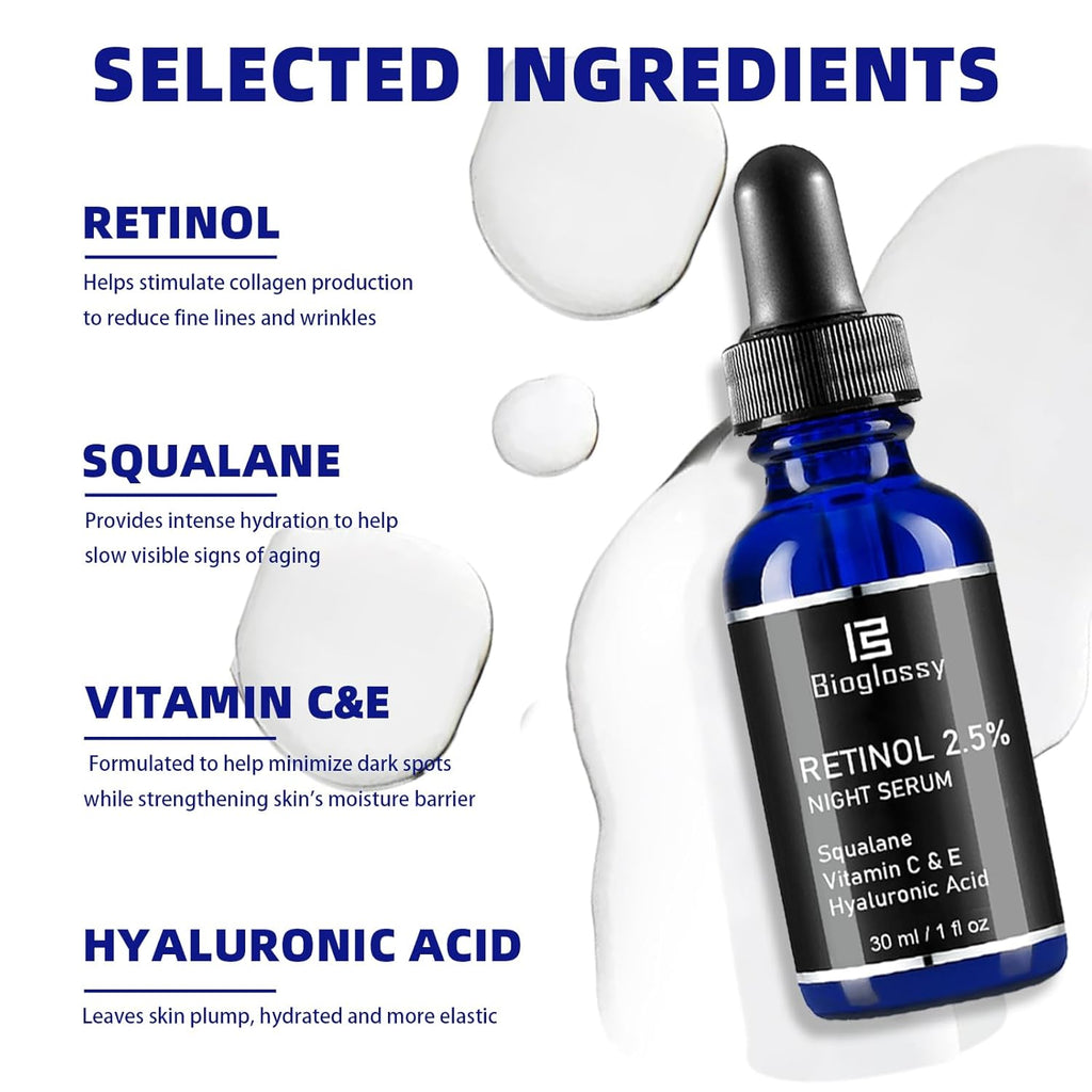 Retinol Serum for Face, 2.5% Retinol Intense Night Serum with Squalane,Vitamin C & E & B3,Hyaluronic Acid for Lines, Wrinkles & Premature Sun Damage to Resurface & Hydrate 30 ml/ 1 Fl oz Clarke's Vibe Store