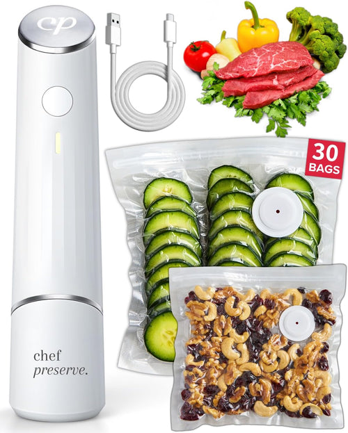 Chef Preserve Compact Vacuum Sealer for Food (Vacuum Sealer Machine + 30 Reusable Vacuum Bags) Powerful Handheld Vacuum Sealer Machine, Seal Meal Saver, Portable Food Sealer Clarke's Vibe Store