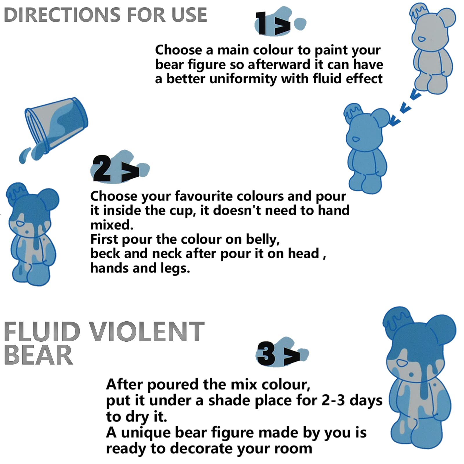 DIY Creative Blank Painting Fluid Bear Figure Kit, Multicolor Mix Paint Design for Home Decoration (Blue, Fluid Bear) Clarke Vibe Store