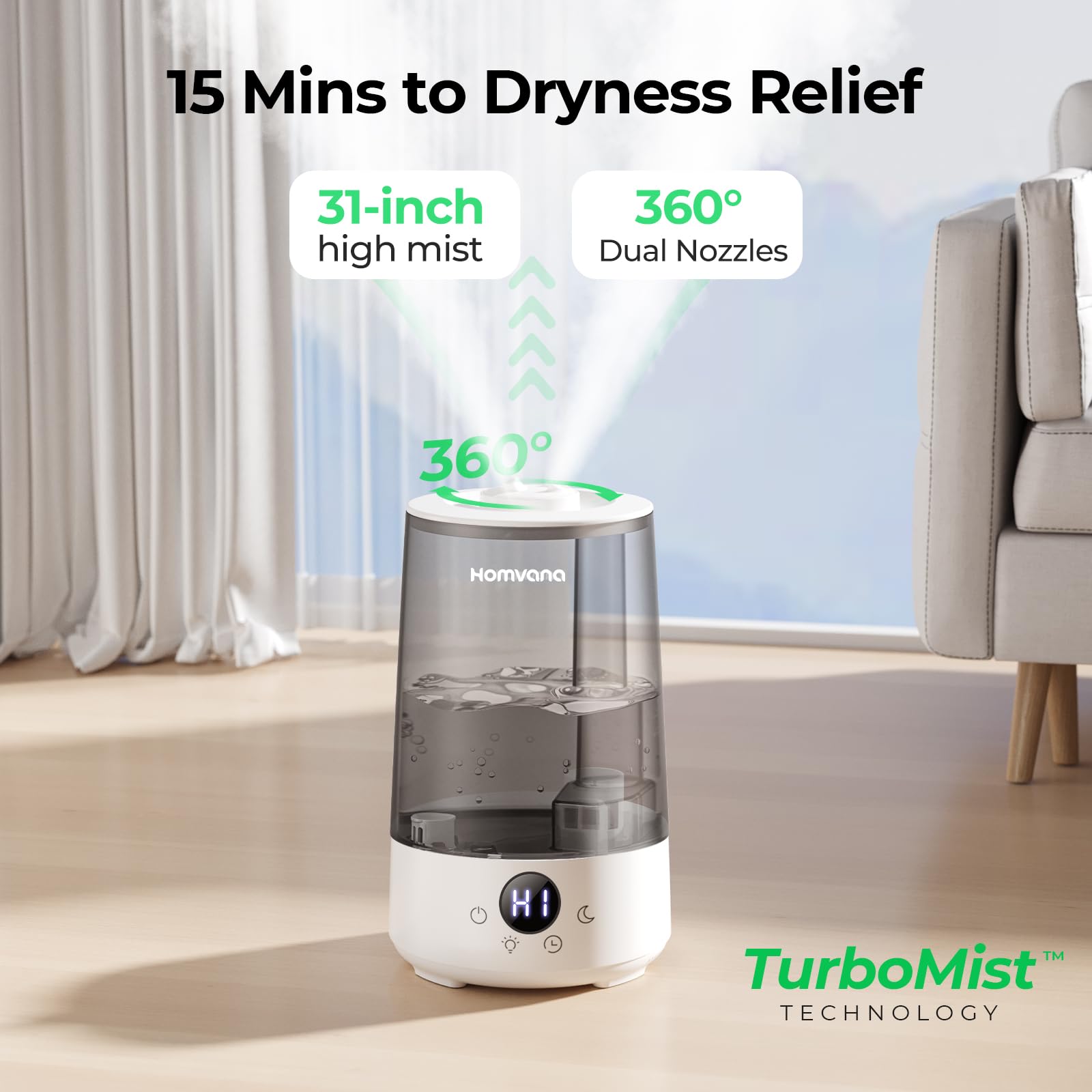 Homvana Humidifiers for Bedroom Home, 3.6 L Cool Mist Top-Fill 34H Super Long Time, Quiet 23dB, Baby Humidifier, Oil Diffuser for Large Room, House, Plant, Nursery, Office, BPA FREE, Ultrasonic (Grey) Clarke's Vibe Store