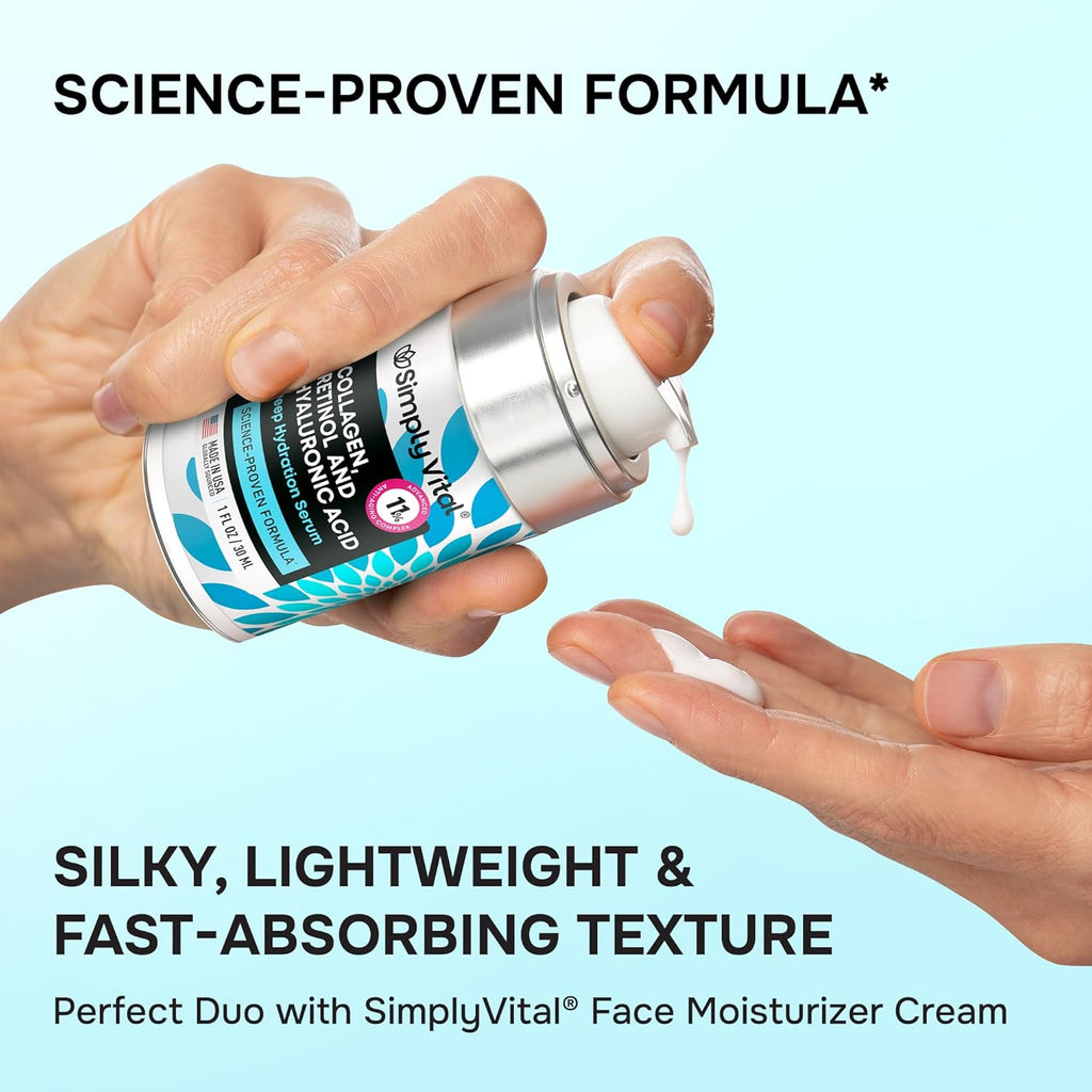 SimplyVital Collagen, Retinol & Hyaluronic Acid Serum - Anti-Aging Moisturizer for Face, Neck & Décolleté - Made in USA, Deep Moisturizing Skin Care Complex - Hydrating Facial Serum for Women, 1 fl.oz Clarke's Vibe Store