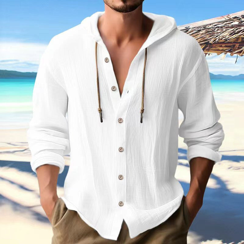 Cotton And Linen Shirt Hooded Sweater Button Long Sleeve Clarke Vibe Store
