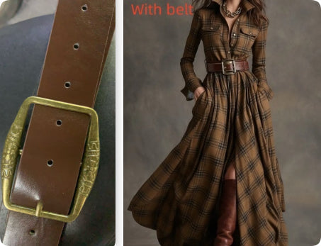 Ins Plaid Print Long-Sleeved Dress Fashion Pockets Collared Buttons Shirt Long Dresses Retro Women's Clothing Siqur Salute