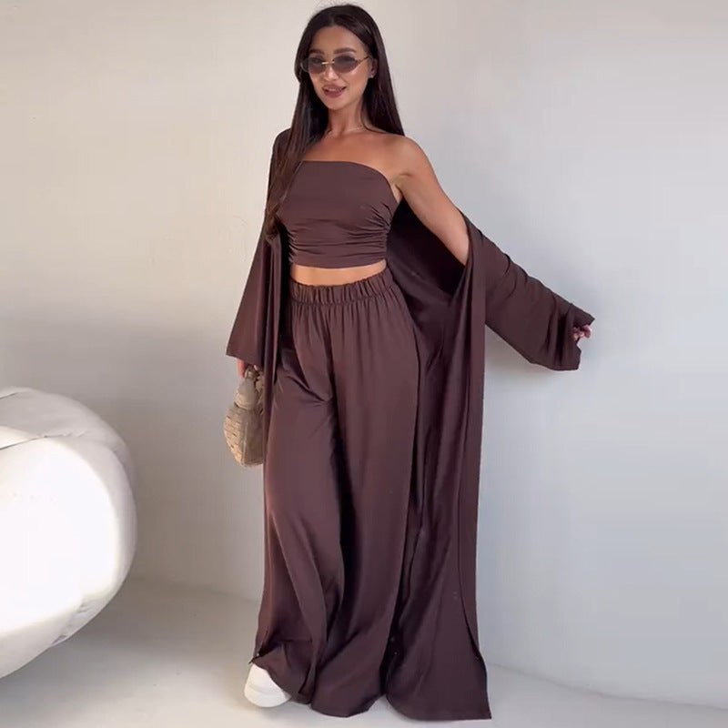 Casual Mid-calf Top Vest Long Cardigan Wide-leg Pants Three-piece Set Clarke Vibe Store
