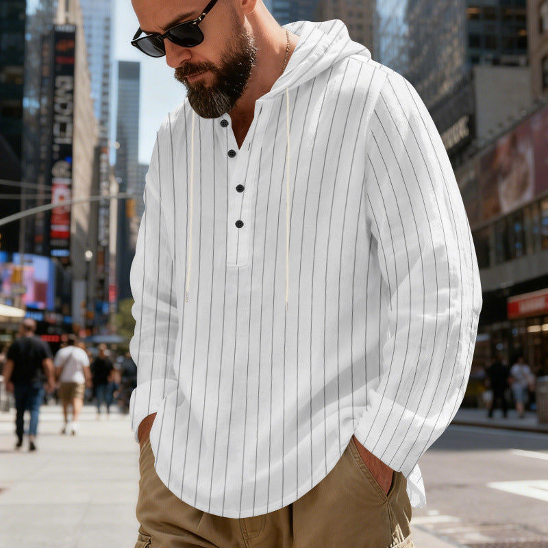 Mens Loose-Fit Plus-Size Casual Linen Striped Hooded Shirt Siqur Salute