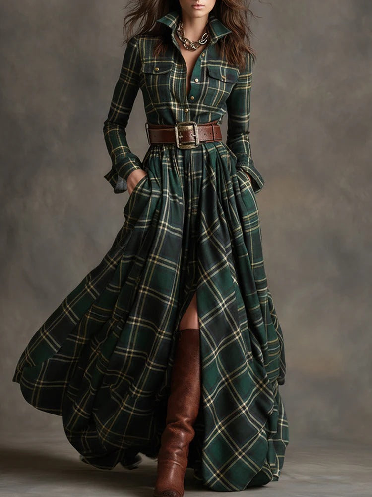 Ins Plaid Print Long-Sleeved Dress Fashion Pockets Collared Buttons Shirt Long Dresses Retro Women's Clothing Siqur Salute