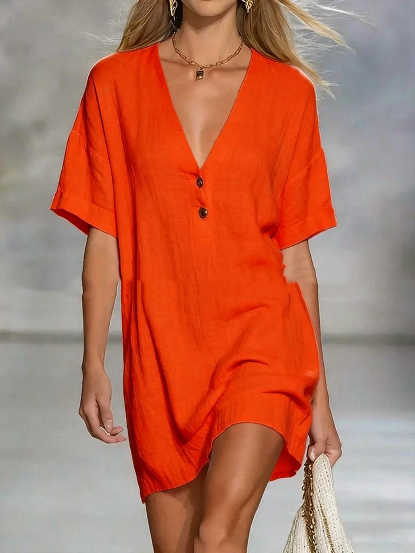 Short-Sleeve V-Neck Cotton-Linen Loose Dress Clarke Vibe Store