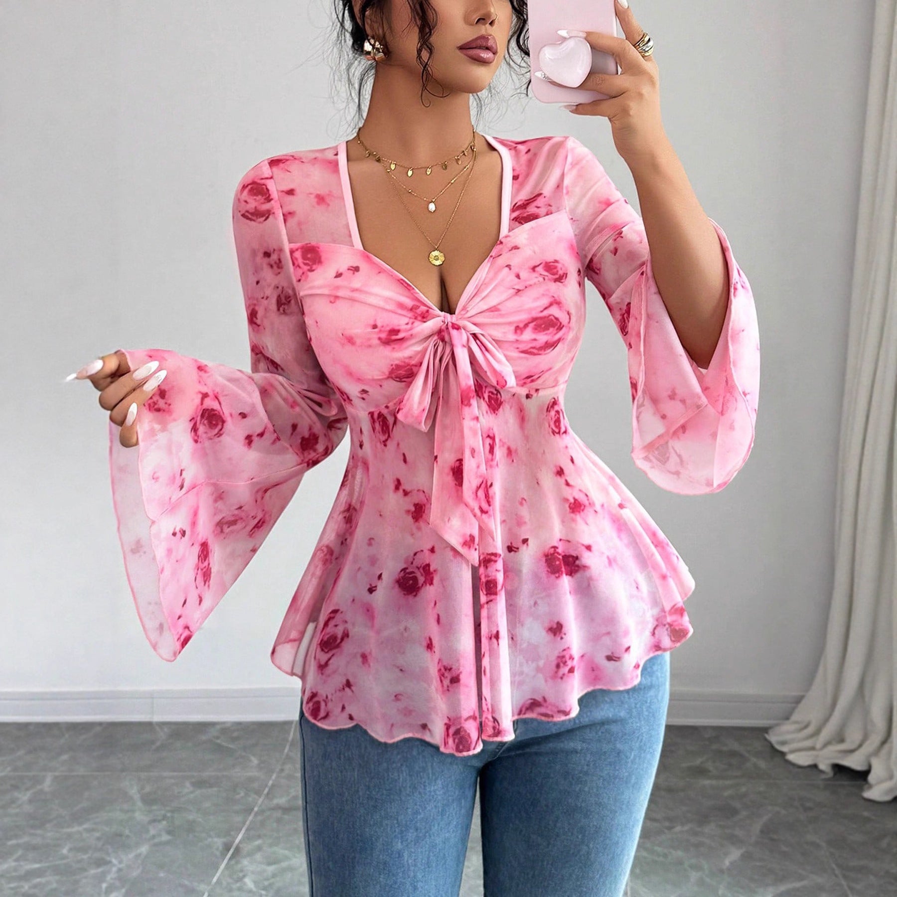 Womens Mesh Red Rose Print V-Neck Top Siqur Salute
