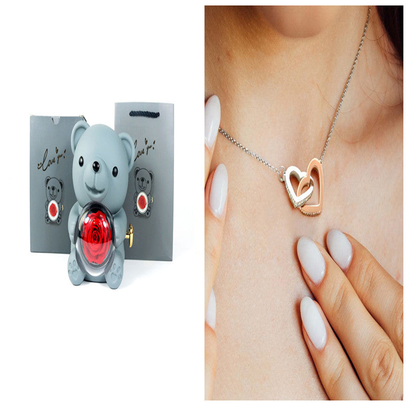 Eternal Rose Teddy Bear Gifts Box With Necklace Rotate Rose Jewelry Box Valentine Wedding Storage Gift Case For Women Girlfriend Clarke Vibe Store