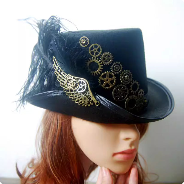 Retro Steampunk Ball Gatsby Hat With Winged Feathers Siqur Salute