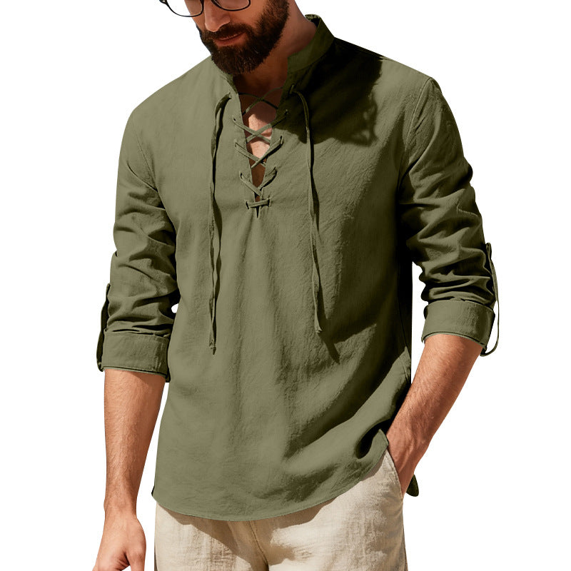 Mens Casual Long-sleeve Linen Henley Shirt Clarke Vibe Store