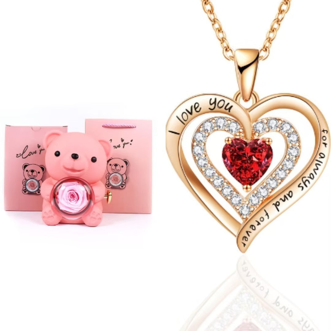 Eternal Rose Teddy Bear Gifts Box With Necklace Rotate Rose Jewelry Box Valentine Wedding Storage Gift Case For Women Girlfriend Clarke Vibe Store