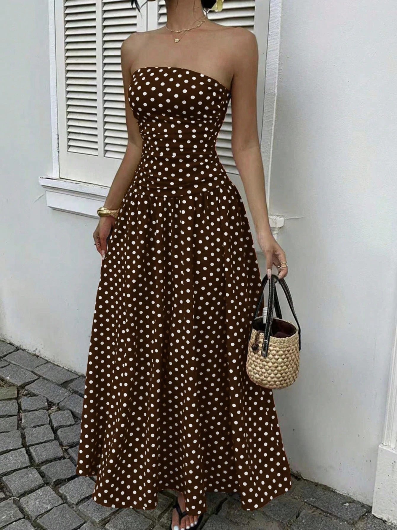 Off-the-shoulder Polka-dot A-line Waist-cinched Figure-flattering Dress Clarke Vibe Store