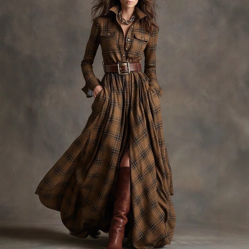 Ins Plaid Print Long-Sleeved Dress Fashion Pockets Collared Buttons Shirt Long Dresses Retro Women's Clothing Siqur Salute